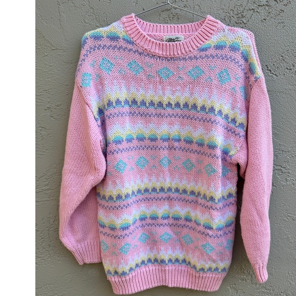 Vintage Brass Plum Nordstrom Pink Pastel Fair Isle Knit Sweater Nordic  Med - Picture 1 of 6